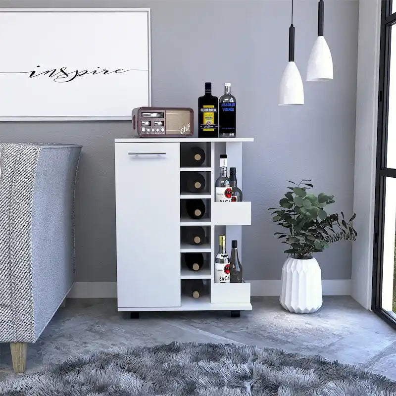 Chariot de bar en bois, desserte de cuisine avec porte-bouteilles et armoire à 1 porte, 60x37,5x81,8 cm.