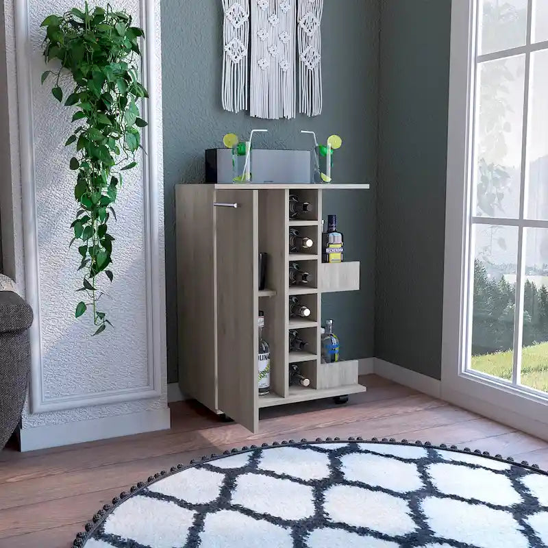 Chariot de bar en bois, desserte de cuisine avec porte-bouteilles et armoire à 1 porte, 60x37,5x81,8 cm.