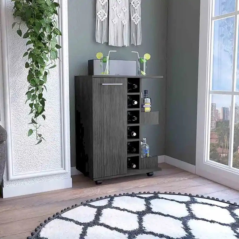 Chariot de bar en bois, desserte de cuisine avec porte-bouteilles et armoire à 1 porte, 60x37,5x81,8 cm.