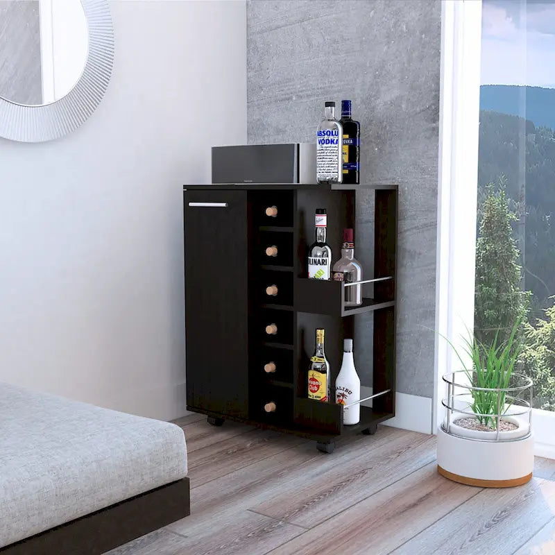 Chariot de bar en bois, desserte de cuisine avec porte-bouteilles et armoire à 1 porte, 60x37,5x81,8 cm.