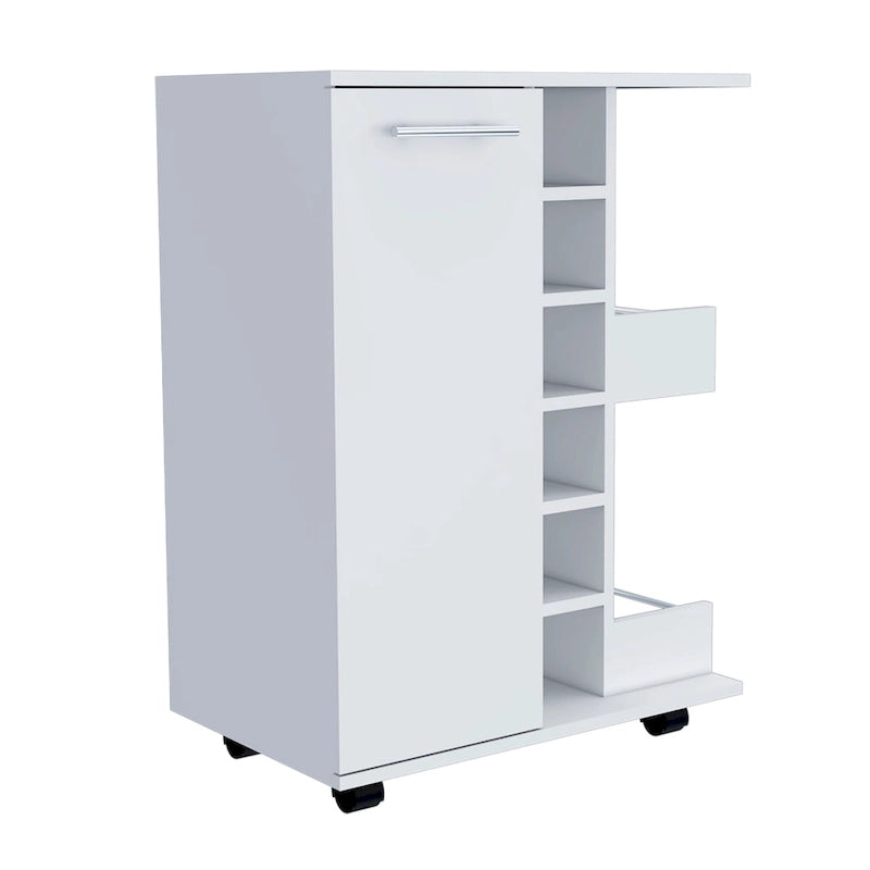 Chariot de bar en bois, desserte de cuisine avec porte-bouteilles et armoire à 1 porte, 60x37,5x81,8 cm.