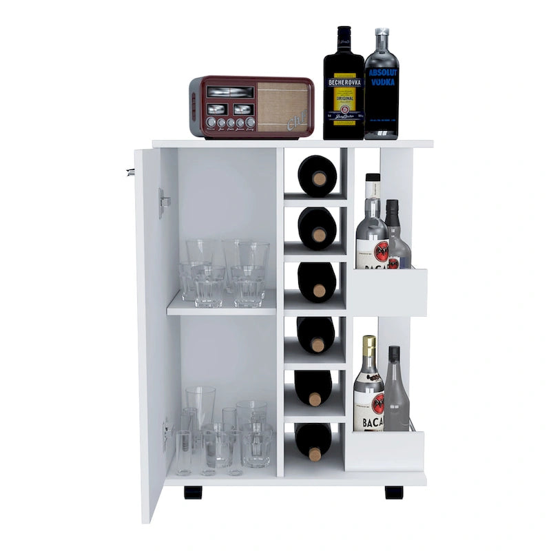 Chariot de bar en bois, desserte de cuisine avec porte-bouteilles et armoire à 1 porte, 60x37,5x81,8 cm.