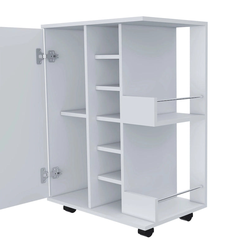 Chariot de bar en bois, desserte de cuisine avec porte-bouteilles et armoire à 1 porte, 60x37,5x81,8 cm.