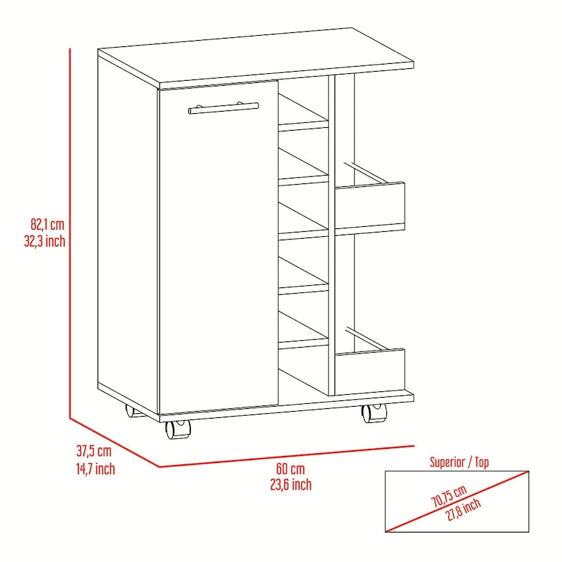 Chariot de bar en bois, desserte de cuisine avec porte-bouteilles et armoire à 1 porte, 60x37,5x81,8 cm.