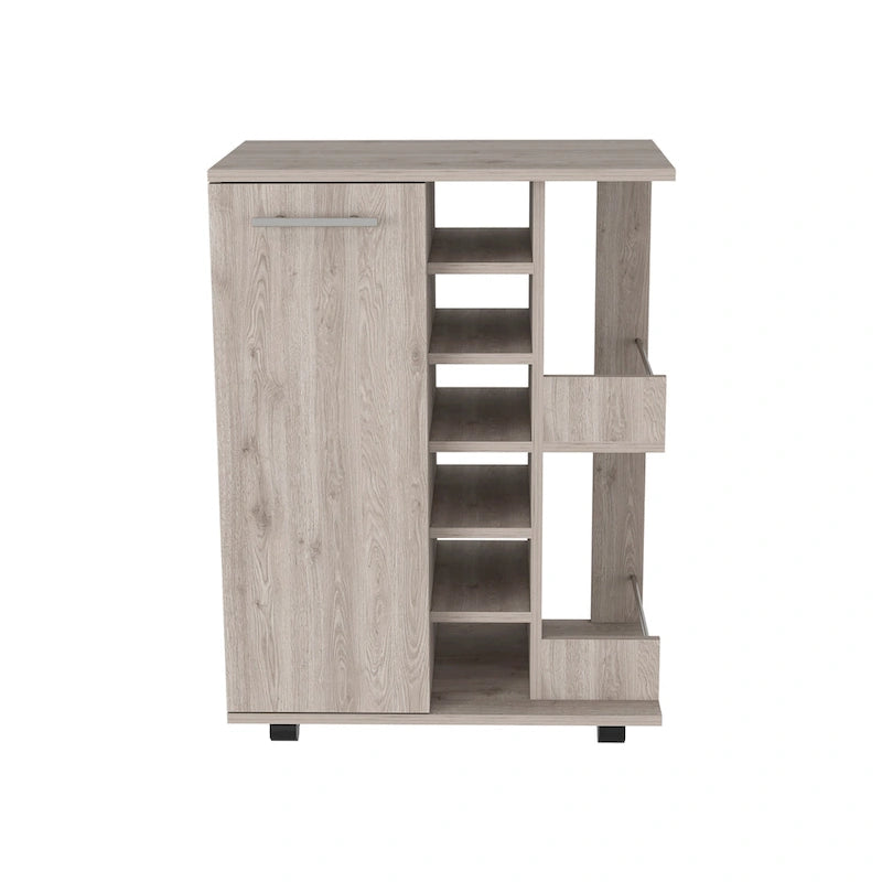 Chariot de bar en bois, desserte de cuisine avec porte-bouteilles et armoire à 1 porte, 60x37,5x81,8 cm.
