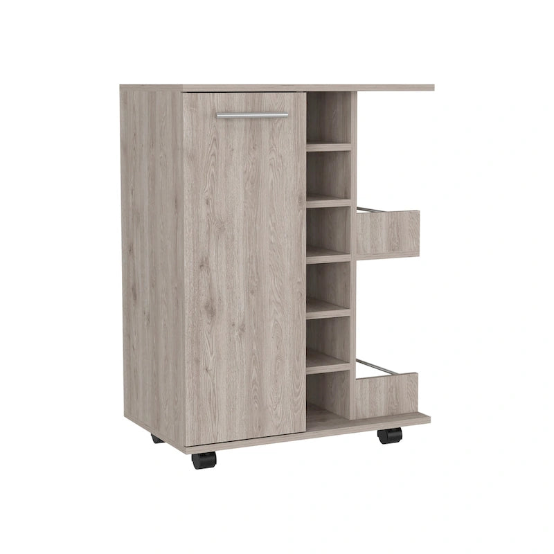 Chariot de bar en bois, desserte de cuisine avec porte-bouteilles et armoire à 1 porte, 60x37,5x81,8 cm.