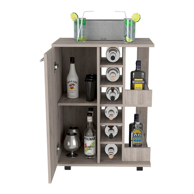 Chariot de bar en bois, desserte de cuisine avec porte-bouteilles et armoire à 1 porte, 60x37,5x81,8 cm.