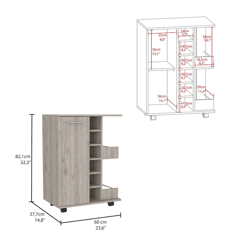 Chariot de bar en bois, desserte de cuisine avec porte-bouteilles et armoire à 1 porte, 60x37,5x81,8 cm.