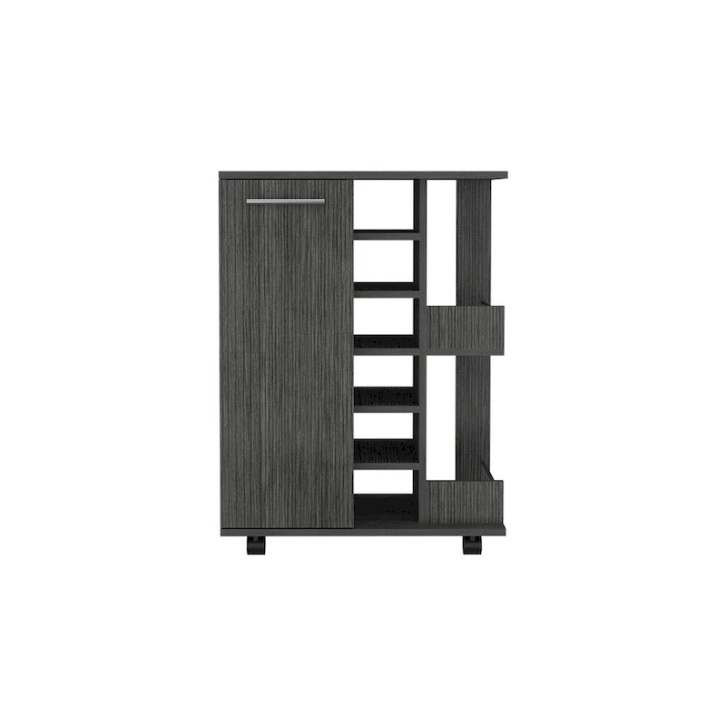 Chariot de bar en bois, desserte de cuisine avec porte-bouteilles et armoire à 1 porte, 60x37,5x81,8 cm.