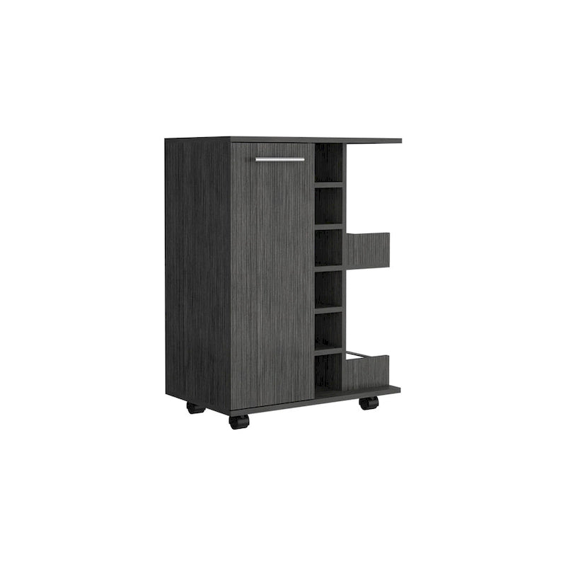 Chariot de bar en bois, desserte de cuisine avec porte-bouteilles et armoire à 1 porte, 60x37,5x81,8 cm.