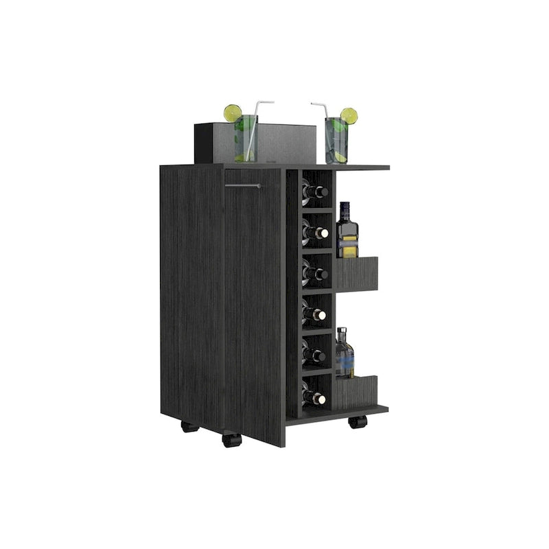 Chariot de bar en bois, desserte de cuisine avec porte-bouteilles et armoire à 1 porte, 60x37,5x81,8 cm.