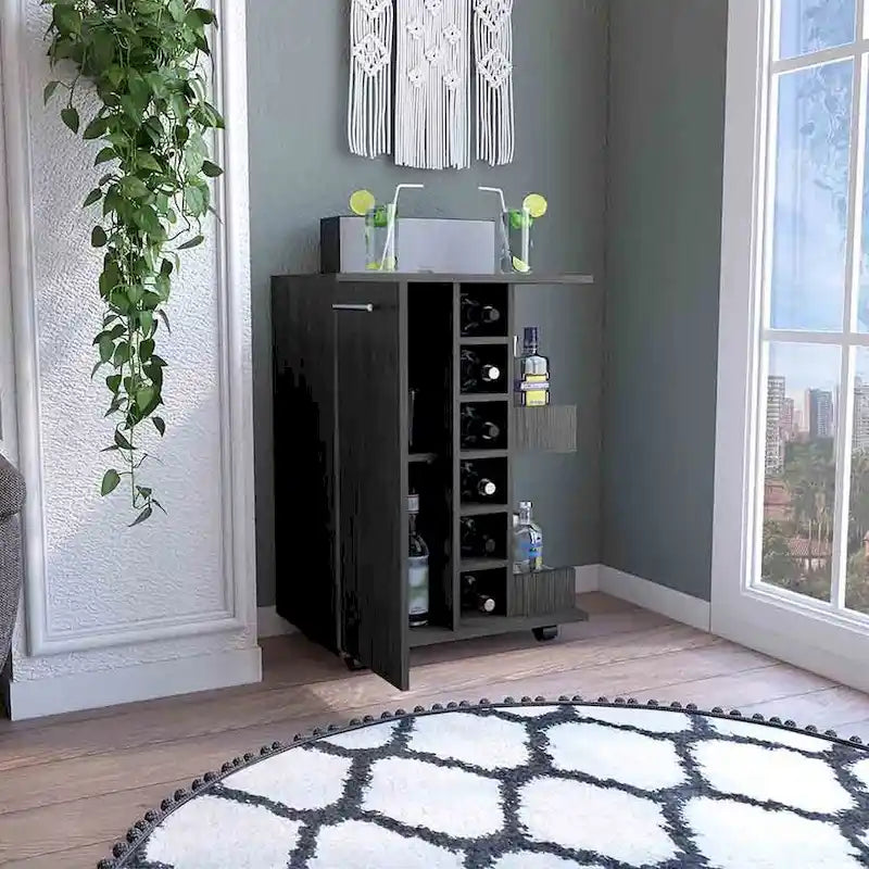 Chariot de bar en bois, desserte de cuisine avec porte-bouteilles et armoire à 1 porte, 60x37,5x81,8 cm.