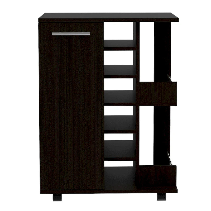Chariot de bar en bois, desserte de cuisine avec porte-bouteilles et armoire à 1 porte, 60x37,5x81,8 cm.