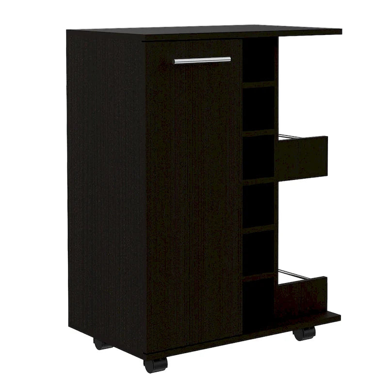 Chariot de bar en bois, desserte de cuisine avec porte-bouteilles et armoire à 1 porte, 60x37,5x81,8 cm.