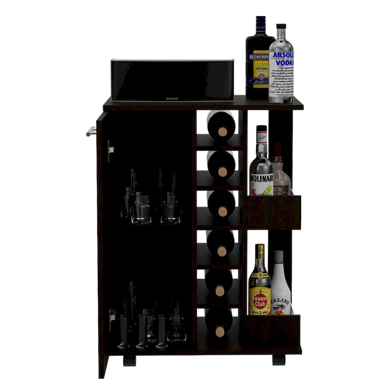 Chariot de bar en bois, desserte de cuisine avec porte-bouteilles et armoire à 1 porte, 60x37,5x81,8 cm.