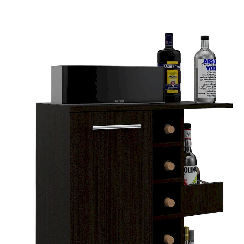 Chariot de bar en bois, desserte de cuisine avec porte-bouteilles et armoire à 1 porte, 60x37,5x81,8 cm.