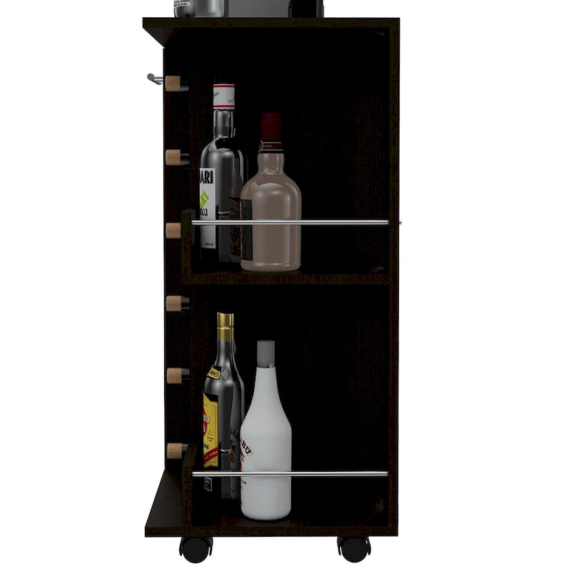 Chariot de bar en bois, desserte de cuisine avec porte-bouteilles et armoire à 1 porte, 60x37,5x81,8 cm.