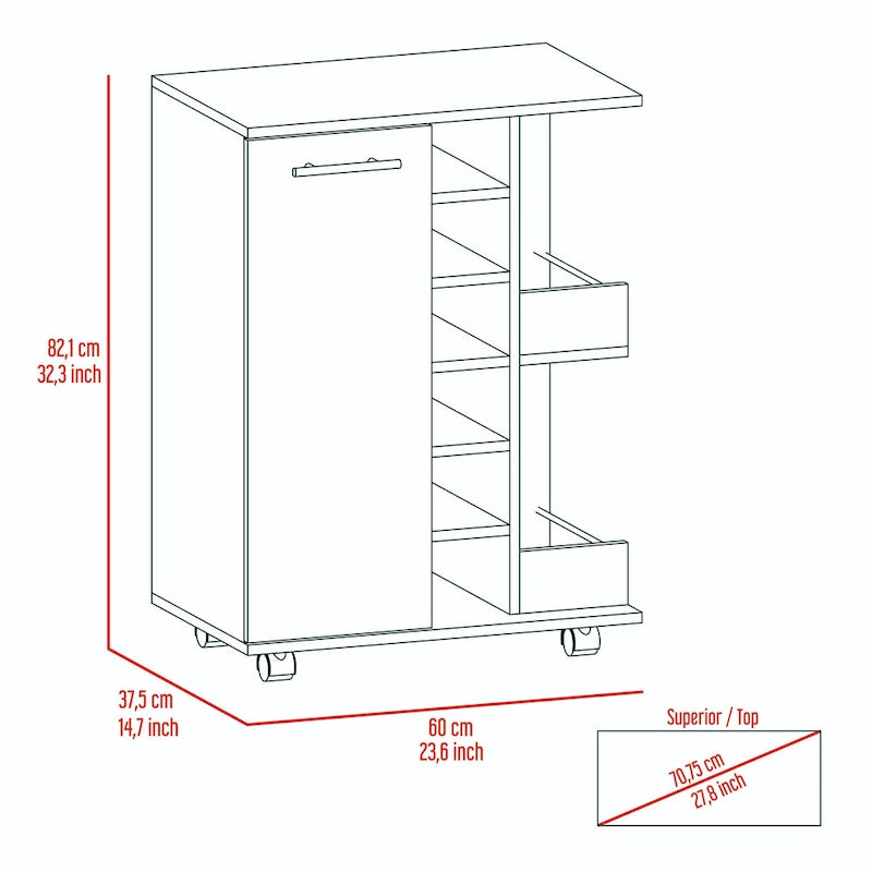 Chariot de bar en bois, desserte de cuisine avec porte-bouteilles et armoire à 1 porte, 60x37,5x81,8 cm.