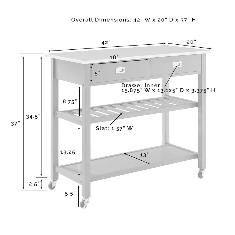 Îlot/Chariot de cuisine avec plateau en acier inoxydable - 37H x 42L x 20P