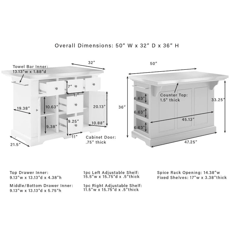 Îlot de cuisine avec plateau en bois - 50 L x 32 P x 36 H