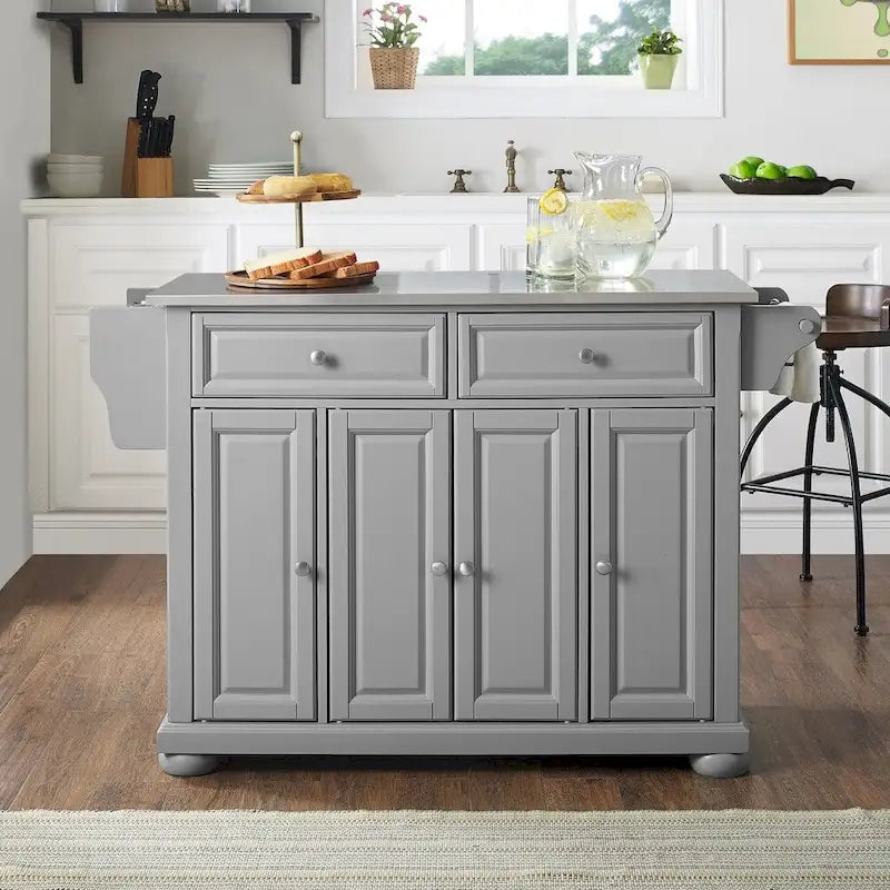 Îlot de cuisine Alexandria en acier inoxydable et gris vintage – 51,5 L x 18 P x 36 H
