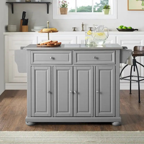 Îlot de cuisine Alexandria en acier inoxydable et gris vintage – 51,5 L x 18 P x 36 H