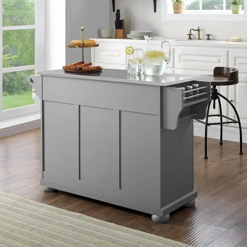 Îlot de cuisine Alexandria en acier inoxydable et gris vintage – 51,5 L x 18 P x 36 H