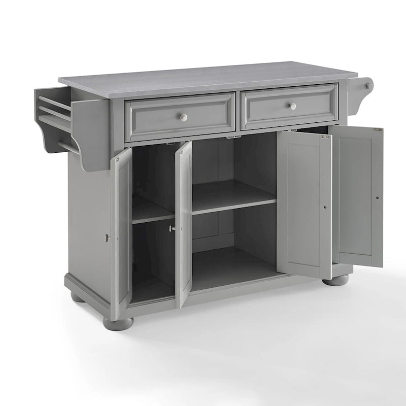 Îlot de cuisine Alexandria en acier inoxydable et gris vintage – 51,5 L x 18 P x 36 H