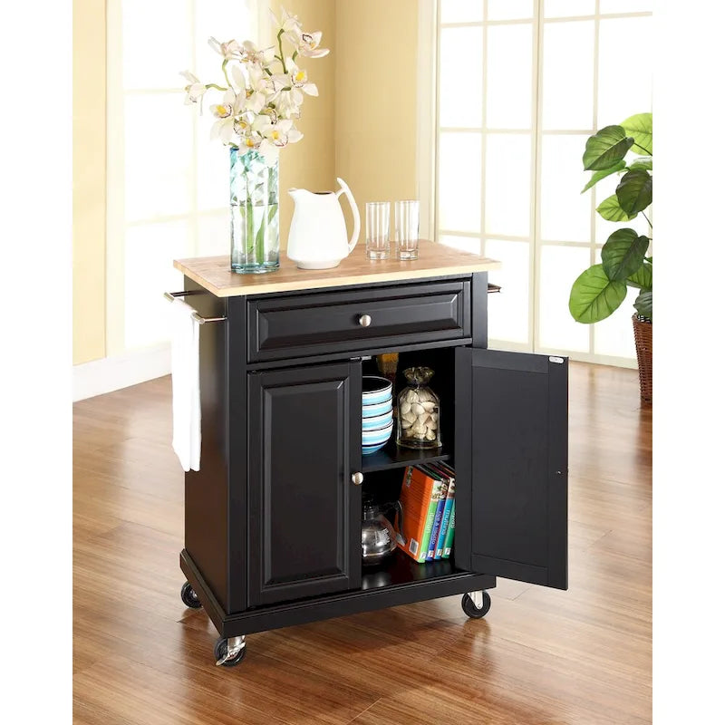 Chariot/îlot de cuisine portable en bois noir avec plateau en bois naturel - 31L x 18P x 35,5H