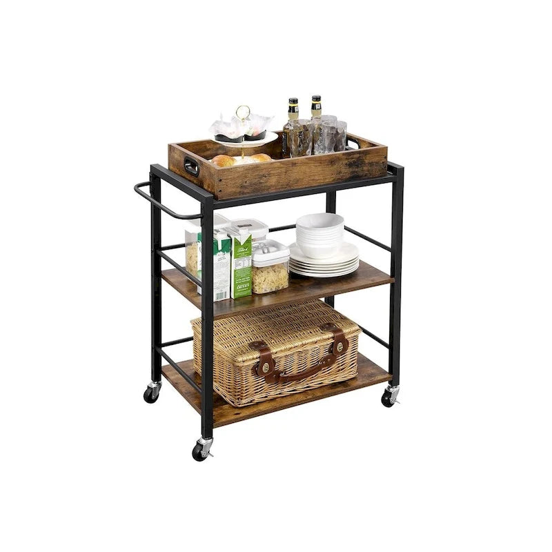 Desserte de Bar Industrielle Marron Rustique/Noire à 3 Niveaux avec Plateau Amovible et Roues Verrouillables