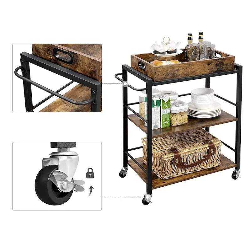 Desserte de Bar Industrielle Marron Rustique/Noire à 3 Niveaux avec Plateau Amovible et Roues Verrouillables