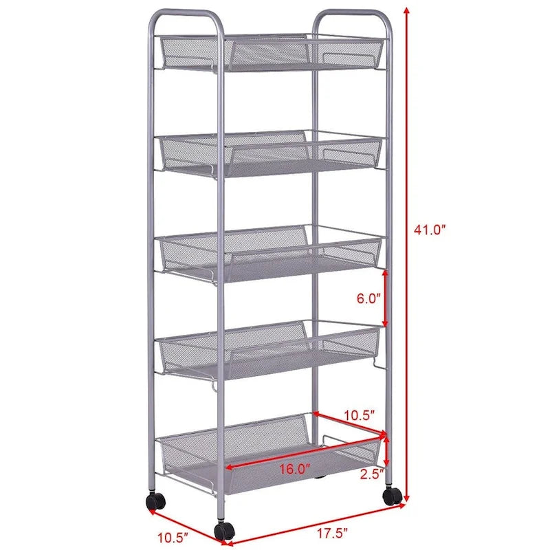 Chariot de rangement à 5 niveaux avec quatre roues pivotantes à 360 degrés - 17,5 x 10,5 x 41 (L x l x H)