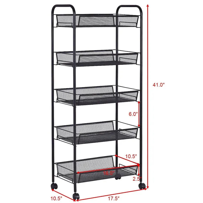 Chariot de rangement à 5 niveaux avec quatre roues pivotantes à 360 degrés - 17,5 x 10,5 x 41 (L x l x H)