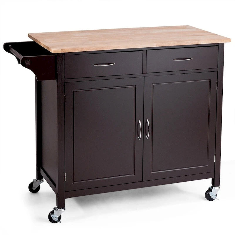 Desserte de cuisine îlot marron avec plateau en bois et roulettes - 43 x 19,5 x 35,5 (L x l x H)