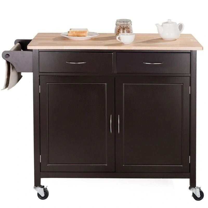 Desserte de cuisine îlot marron avec plateau en bois et roulettes - 43 x 19,5 x 35,5 (L x l x H)