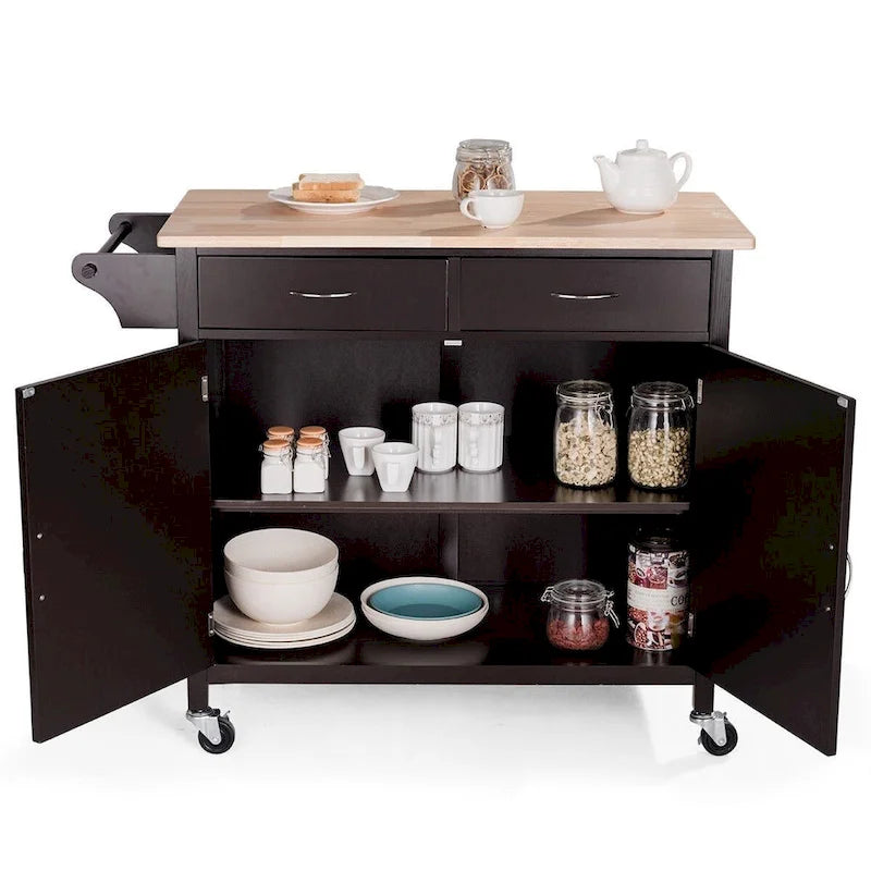 Desserte de cuisine îlot marron avec plateau en bois et roulettes - 43 x 19,5 x 35,5 (L x l x H)