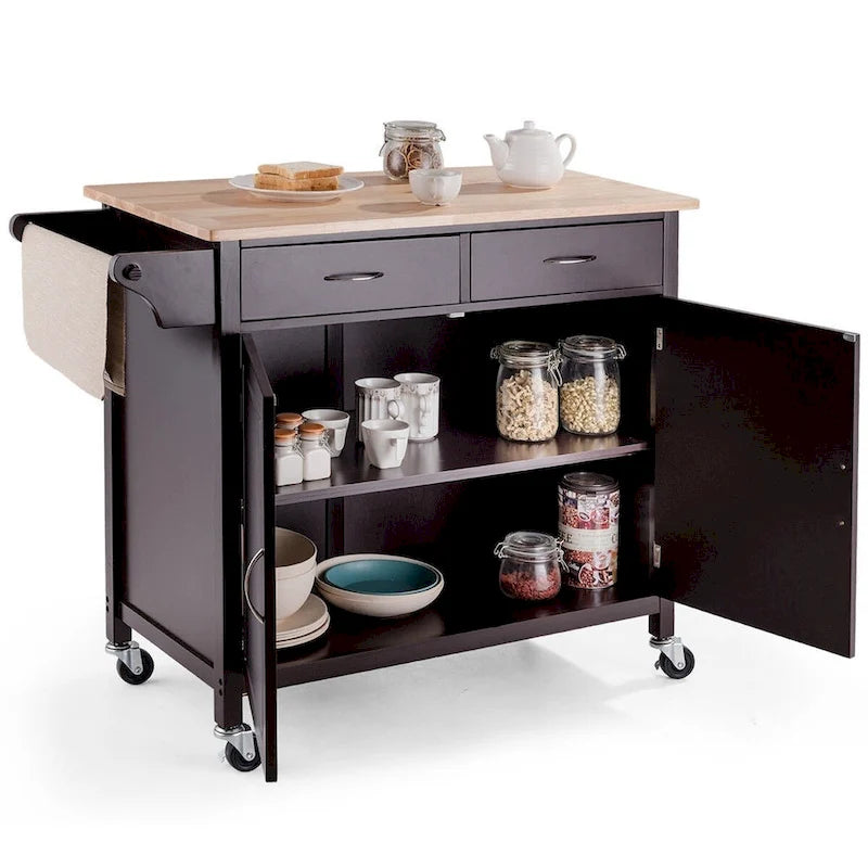 Desserte de cuisine îlot marron avec plateau en bois et roulettes - 43 x 19,5 x 35,5 (L x l x H)