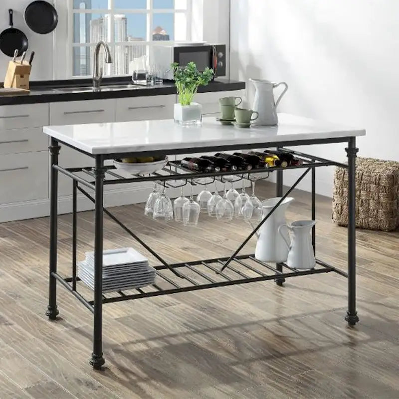 Îlot de cuisine avec plateau en marbre et rangement pour verres à vin, blanc et gris