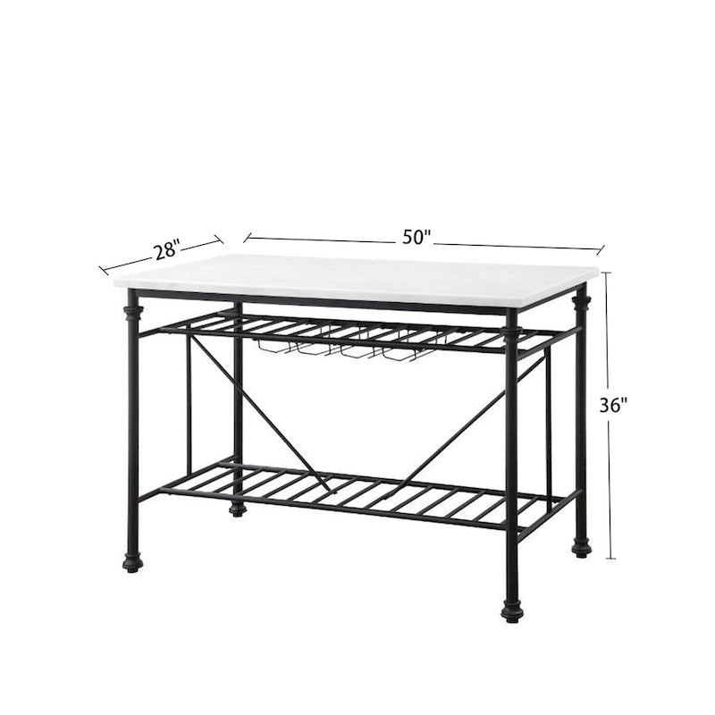 Îlot de cuisine avec plateau en marbre et rangement pour verres à vin, blanc et gris