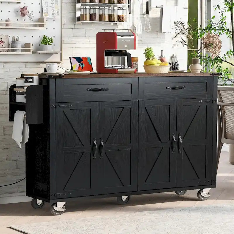 53.5 Îlot de cuisine de ferme - Prise électrique, Abattant, Étagère à épices, Tiroir, Chariot roulant à roulettes