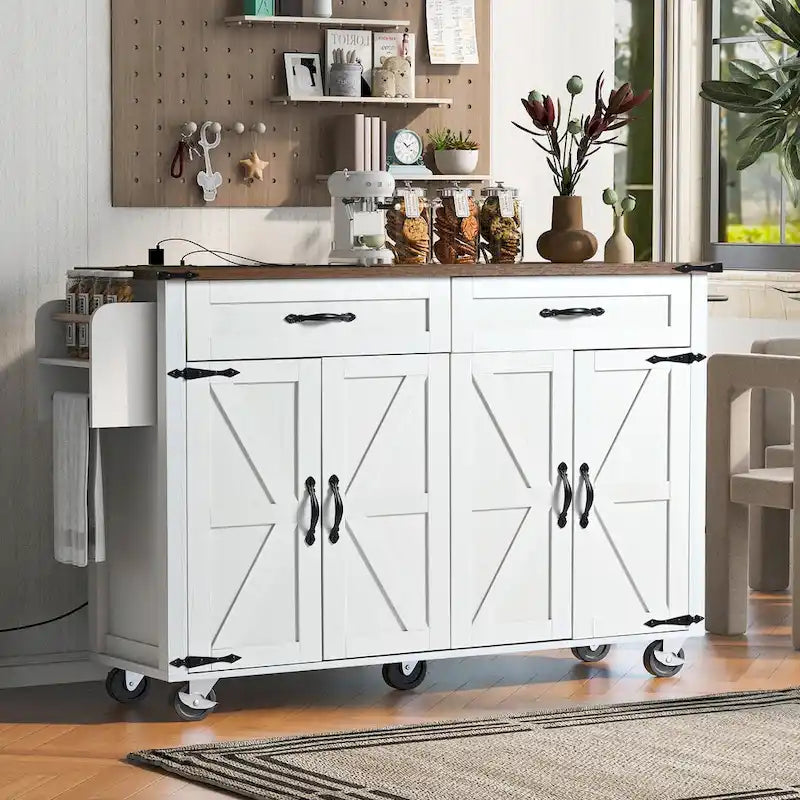 53.5 Îlot de cuisine de ferme - Prise électrique, Abattant, Étagère à épices, Tiroir, Chariot roulant à roulettes