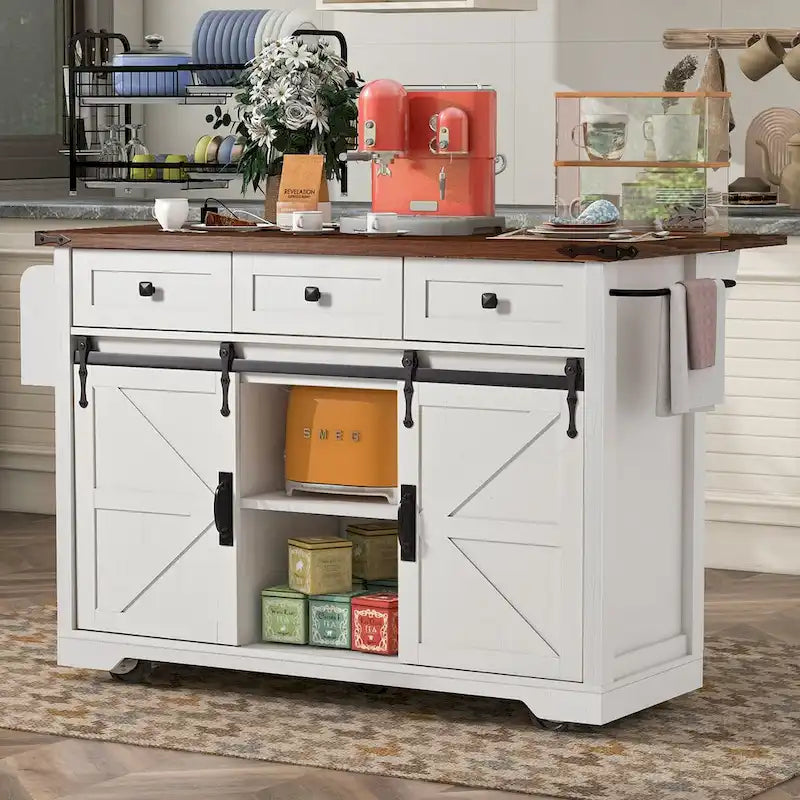 53.7Kitchen Island with Power Outlet,2 Sliding Barn Door Island with Drop Leaf,Spice Rack Rolling Kitchen Cart on Wheels