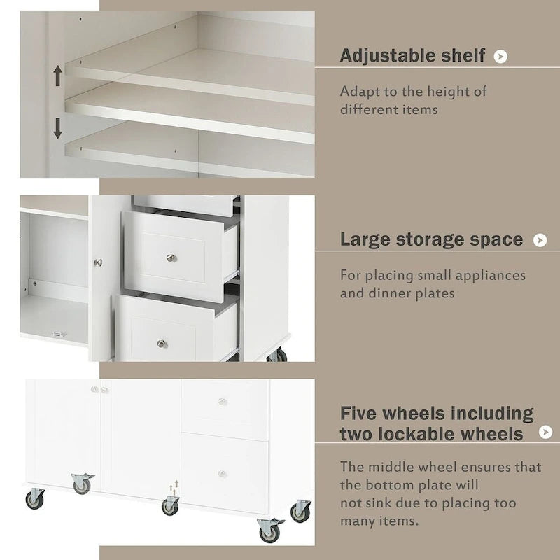Chariot de cuisine pliant multifonctionnel et verrouillable de 52,7 W avec 2 portes et 3 tiroirs