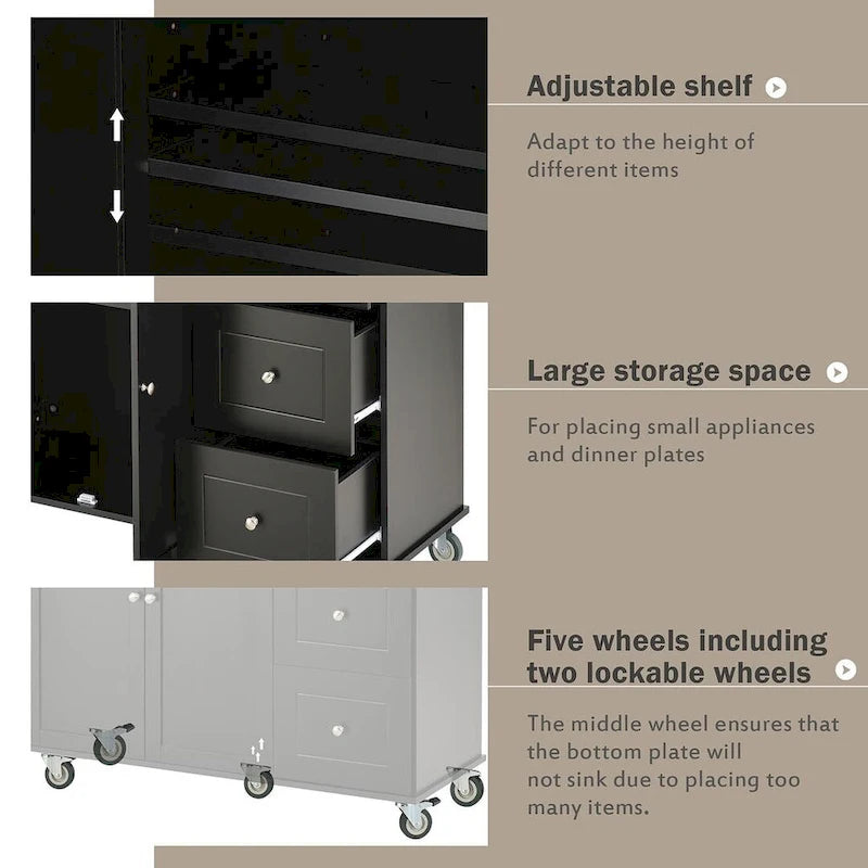 Chariot de cuisine pliant multifonctionnel et verrouillable de 52,7 W avec 2 portes et 3 tiroirs