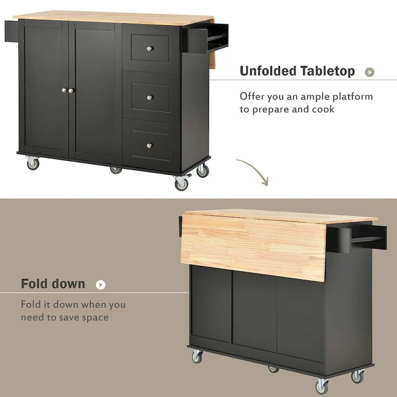 Chariot de cuisine pliant multifonctionnel et verrouillable de 52,7 W avec 2 portes et 3 tiroirs