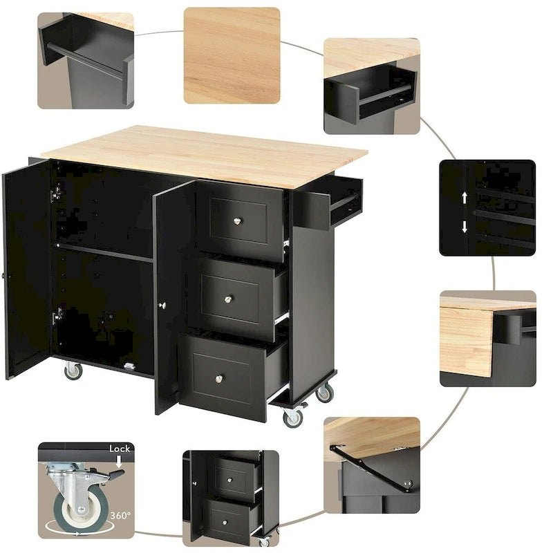 Chariot de cuisine pliant multifonctionnel et verrouillable de 52,7 W avec 2 portes et 3 tiroirs