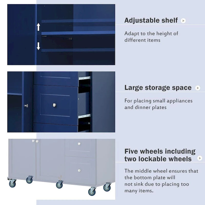 Chariot de cuisine pliant multifonctionnel et verrouillable de 52,7 W avec 2 portes et 3 tiroirs