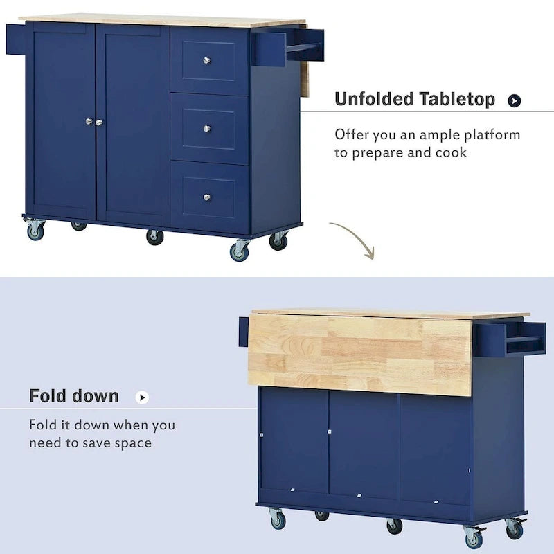 Chariot de cuisine pliant multifonctionnel et verrouillable de 52,7 W avec 2 portes et 3 tiroirs