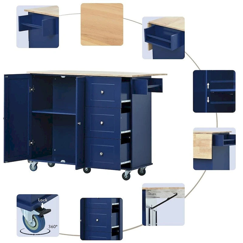 Chariot de cuisine pliant multifonctionnel et verrouillable de 52,7 W avec 2 portes et 3 tiroirs