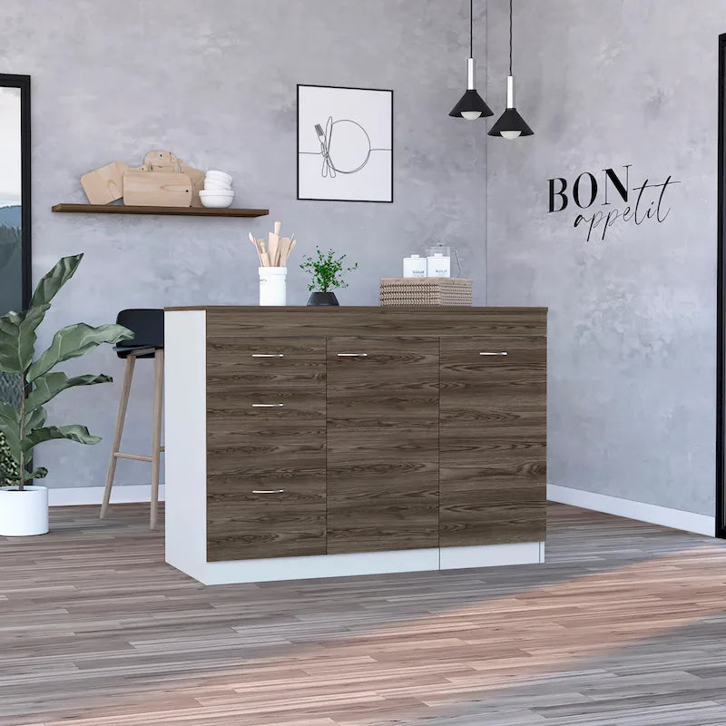 Îlot de cuisine pour cuisine, salle à manger, blanc / noyer foncé
